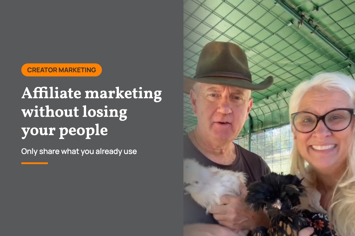 Jules and Lane Morris smiling and holding two silkie chickens in the greenhouse, beside the title Affiliate marketing without losing your people