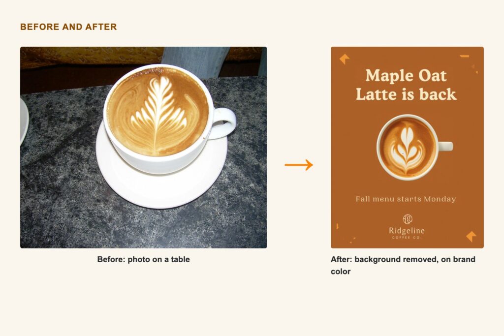 Before: a latte on a granite table. After: the same latte with the background removed, placed on a cinnamon-colored Instagram post