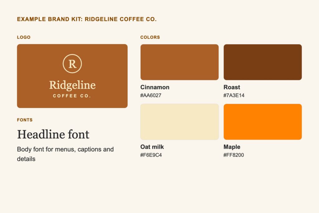 Example Brand Kit for Ridgeline Coffee Co. with a round R logo, four colors with hex codes, and headline and body fonts