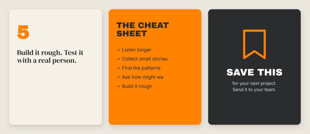 A final point slide, a cheat sheet checklist slide, and a dark Save this slide with a bookmark icon