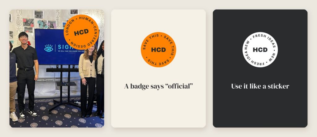 Round badges with text curved around the edge, one placed as a tilted sticker on a team photo
