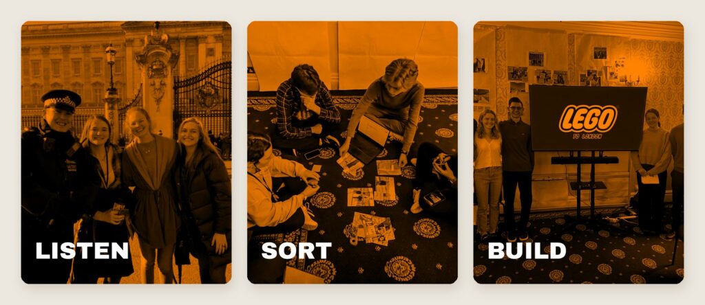 Three photos from the London course turned orange and black with a duotone effect, labeled Listen, Sort and Build