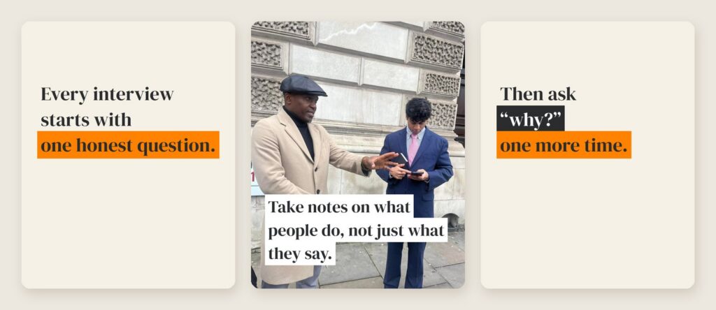 Slides where key phrases sit on orange, black or white highlight blocks, including Take notes on what people do over a street interview photo