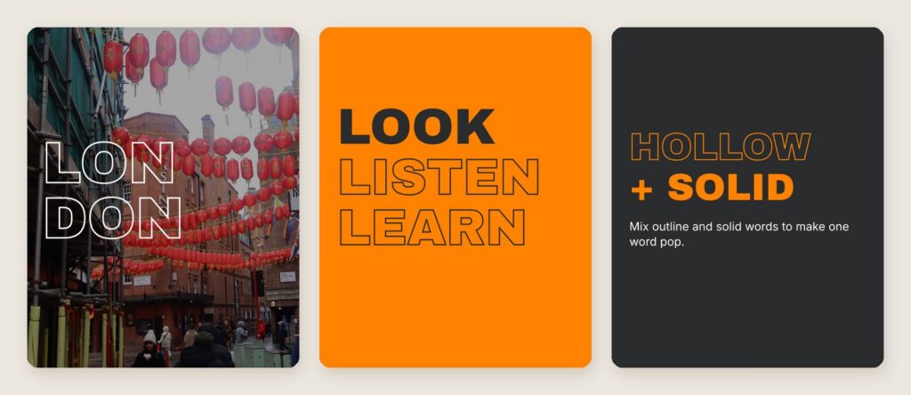 Slides using outlined hollow letters: LONDON over a photo of Chinatown lanterns, and LOOK LISTEN LEARN mixing solid and outlined words