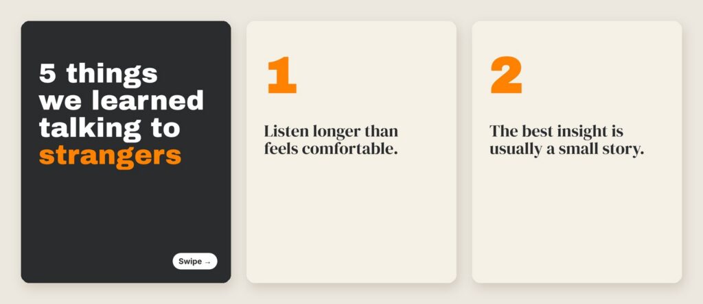 A dark cover slide reading 5 things we learned talking to strangers with a Swipe button, followed by numbered slides 1 and 2