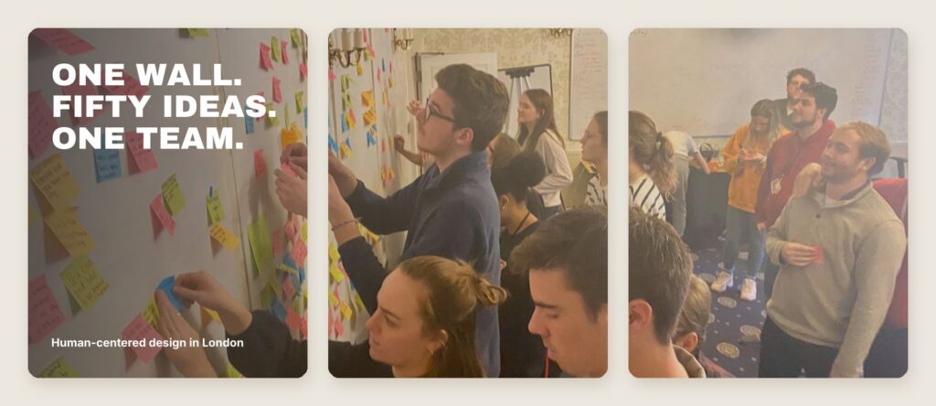 Three carousel slides that together show one wide photo of students adding sticky notes to a long wall, with the headline One wall, fifty ideas, one team