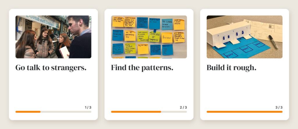 Three slides with photos and a bottom progress bar that fills one third, two thirds, then all the way