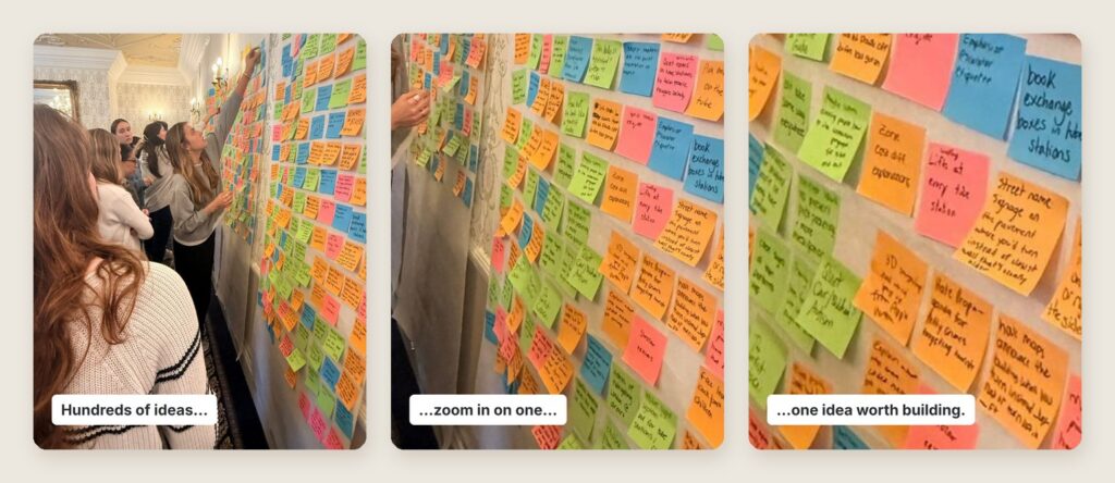 The same sticky note wall shown three times, cropping closer each slide until one note fills the frame