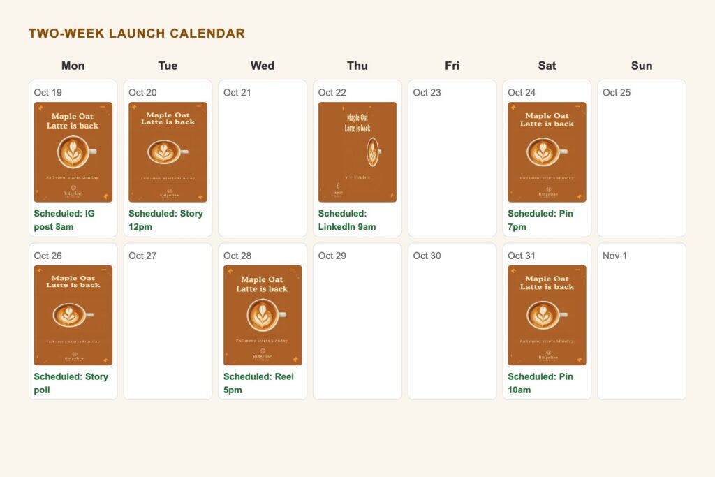 A two-week calendar with the Maple Oat Latte posts scheduled on different days and times