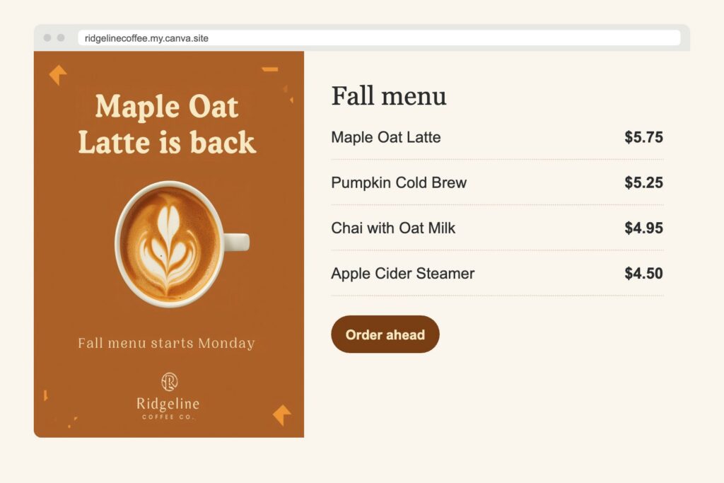 A one-page Canva website for Ridgeline Coffee with the post on the left and a fall menu with prices and an Order ahead button