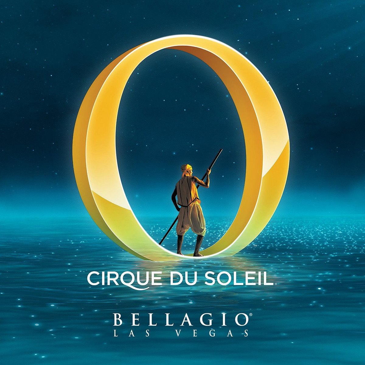 The Cirque du Soleil O show poster for Bellagio, a gold letter O above water