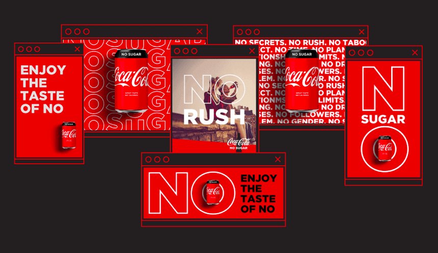 A bold red and black Coca-Cola graphic built around the words No sugar