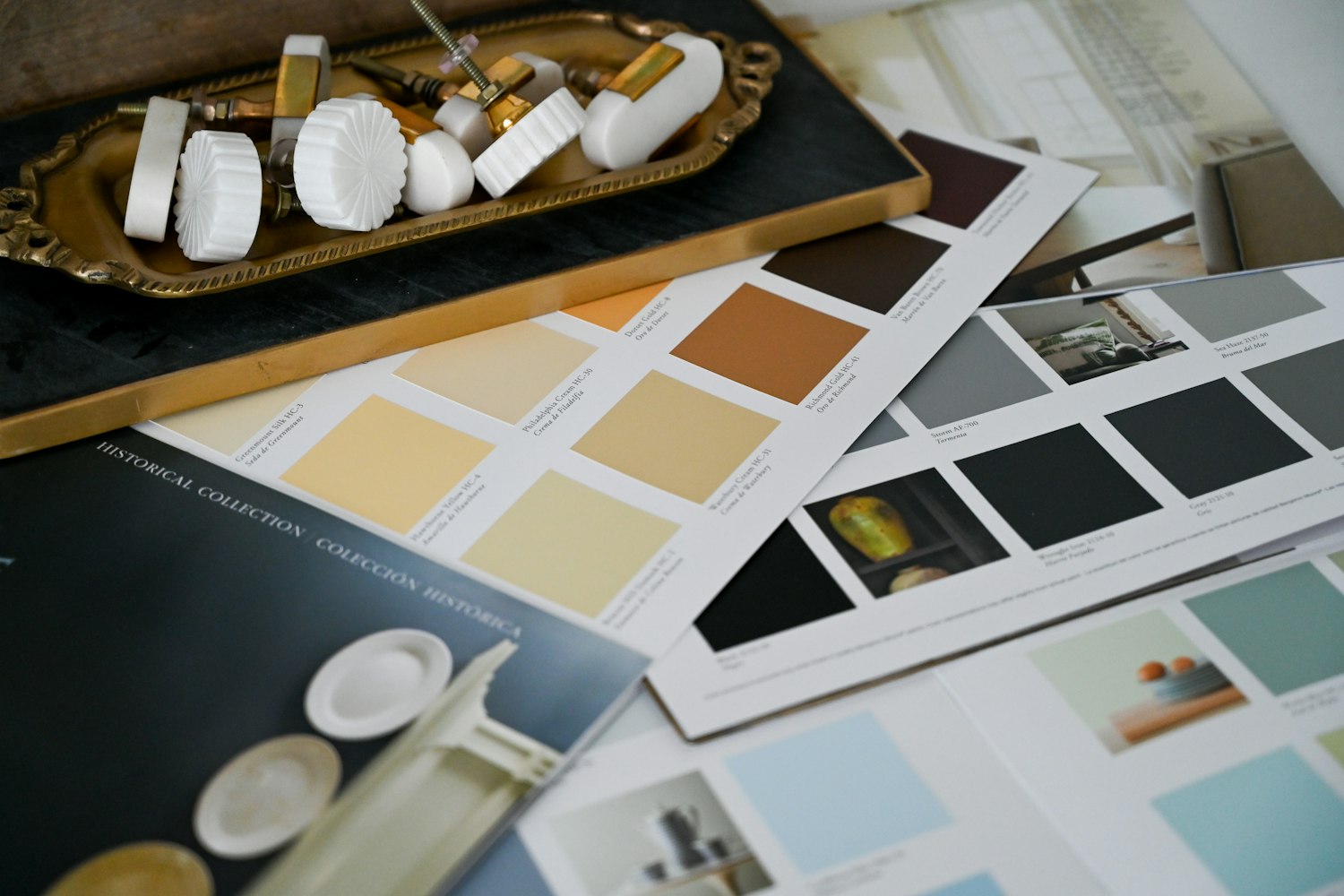 Material and color swatches laid out for a design project