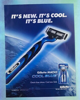 A Gillette razor ad reading It's new. It's cool. It's blue.