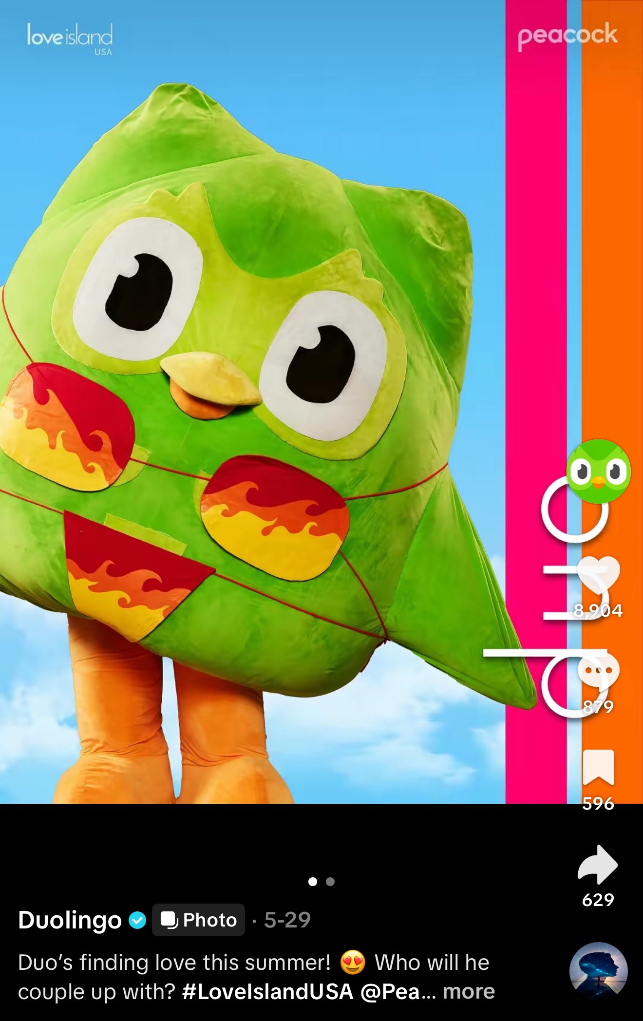 Duolingo's green owl mascot in one of the brand's TikTok videos
