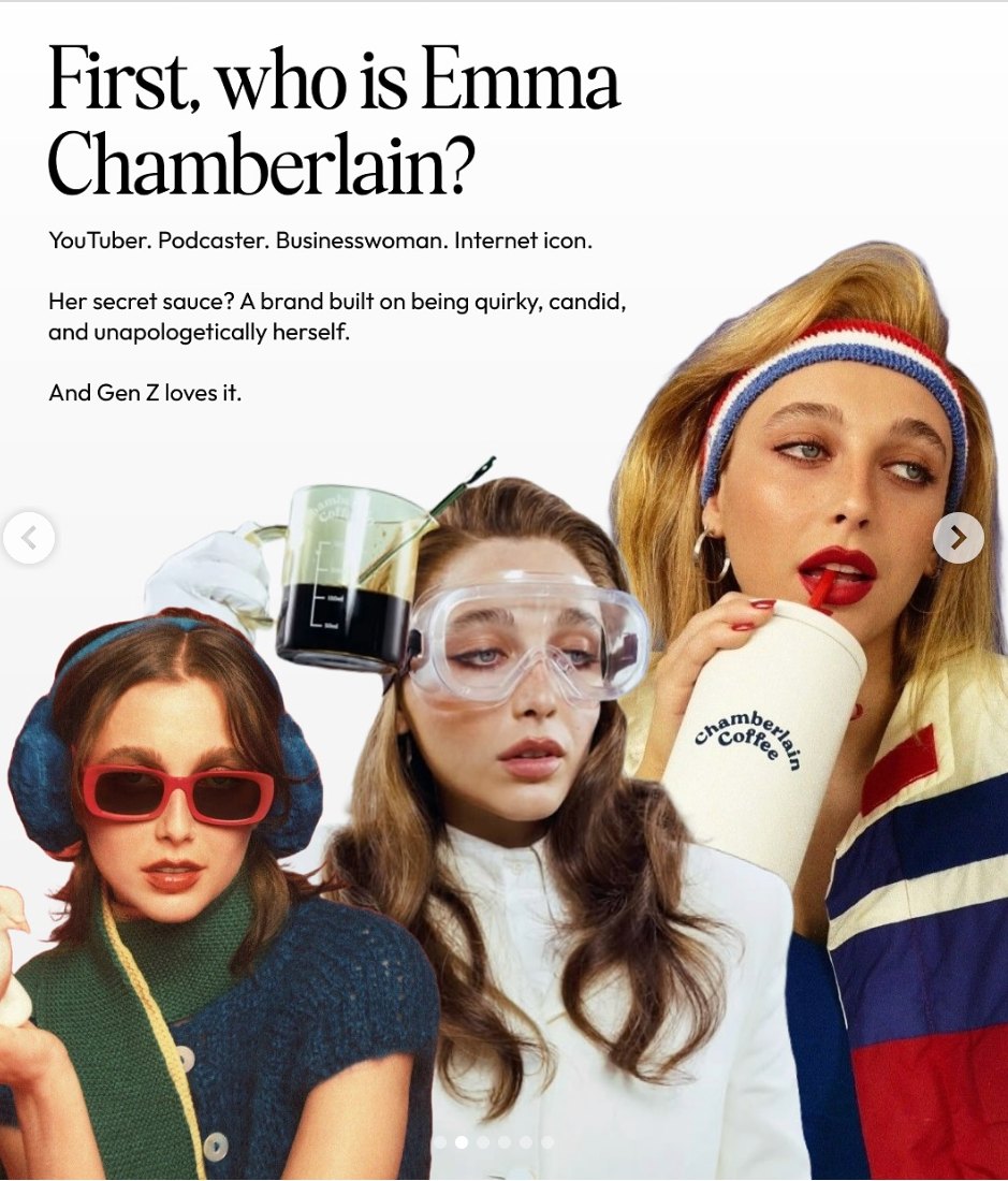 A magazine-style page asking First, who is Emma Chamberlain? with candid photos of her