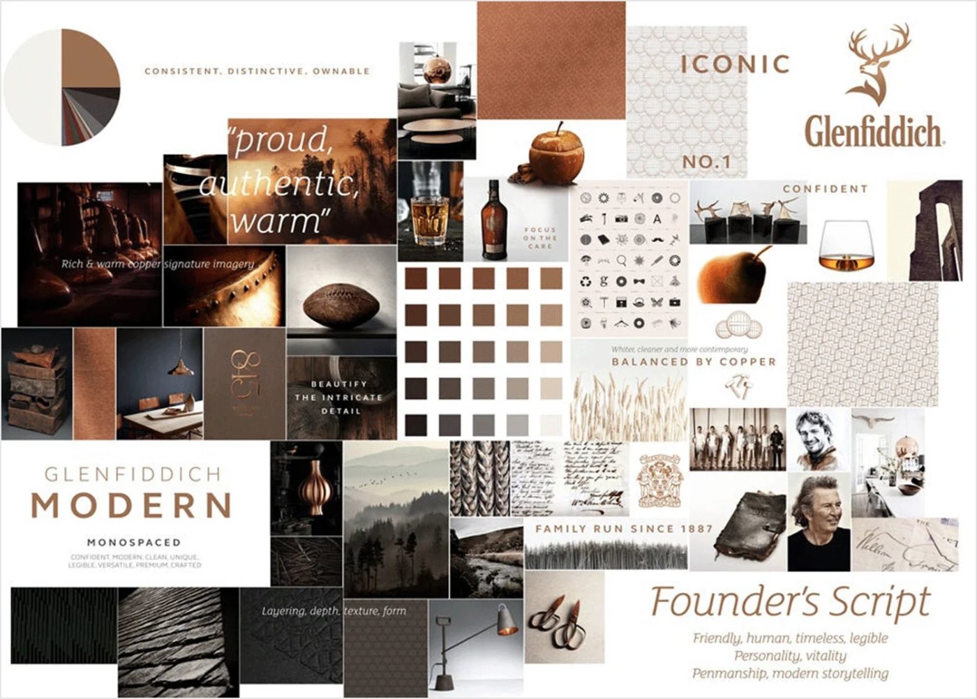 A Glenfiddich mood board in deep browns and cream, with packaging, textures and type samples