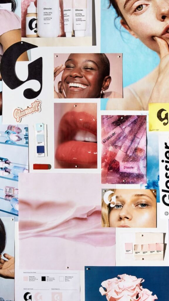 A collage of Glossier photos in soft pinks with natural-looking skin