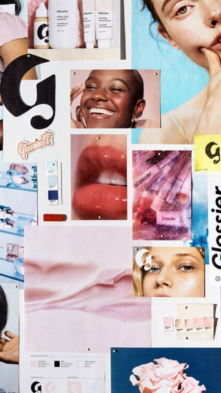 A collage of Glossier photos in soft pinks with natural-looking skin