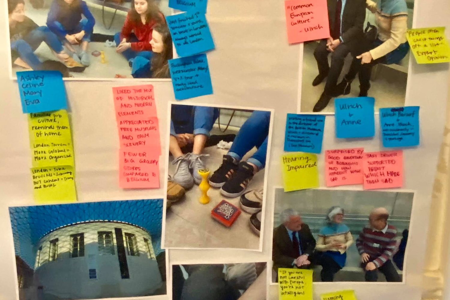 Interview photos and colored sticky notes sorted into needs on a wall