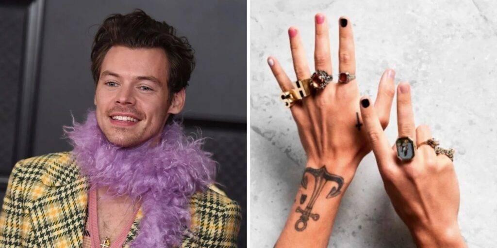 Harry Styles in a plaid suit and purple boa, beside a close-up of his ringed hands