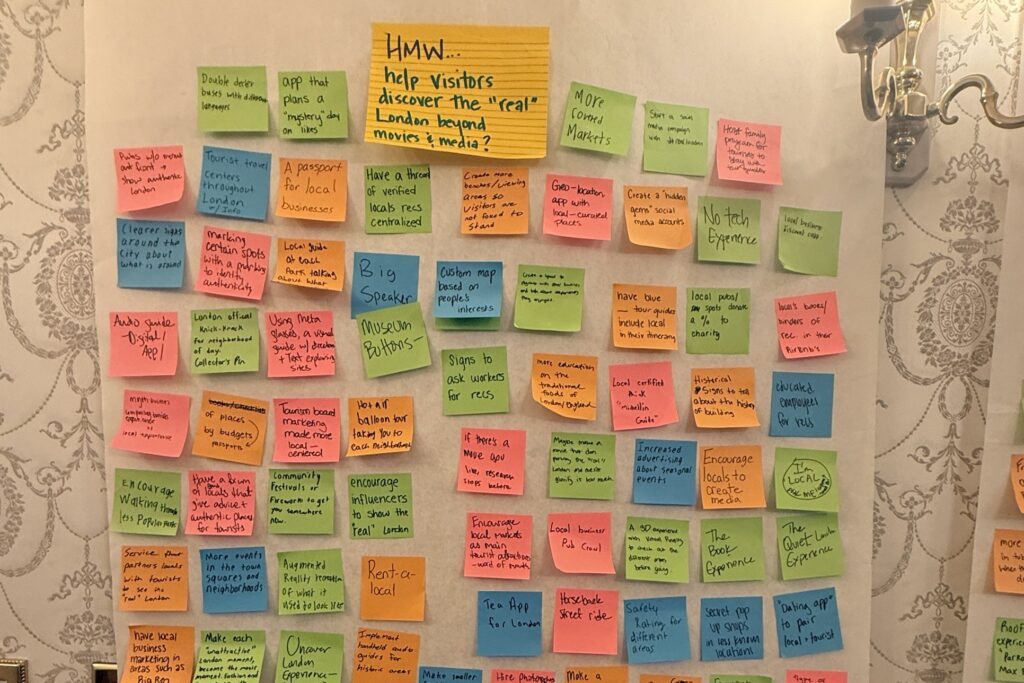 A wall of colorful sticky notes under the prompt How might we help visitors discover the real London beyond movies and media?
