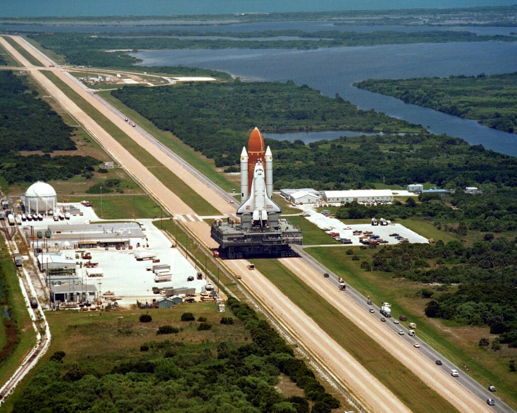 Space Shuttle Challenger on its crawler-transporter before the STS-51-L mission