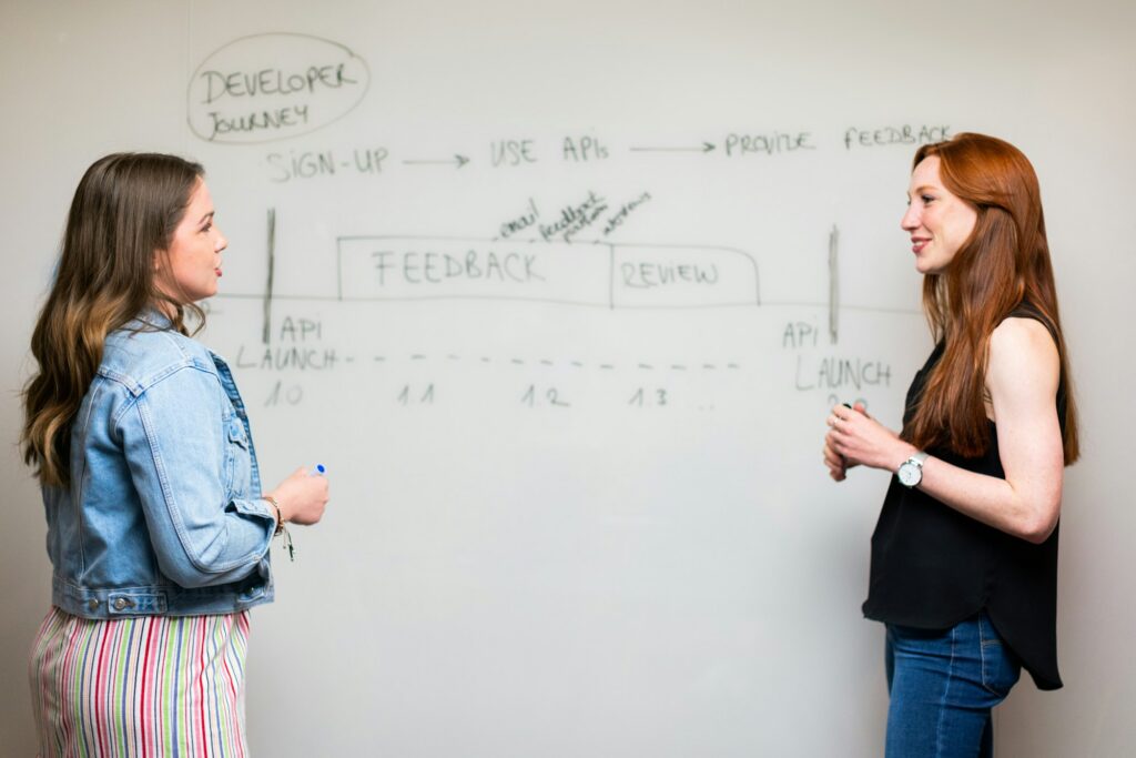 Two women planning together at a whiteboard