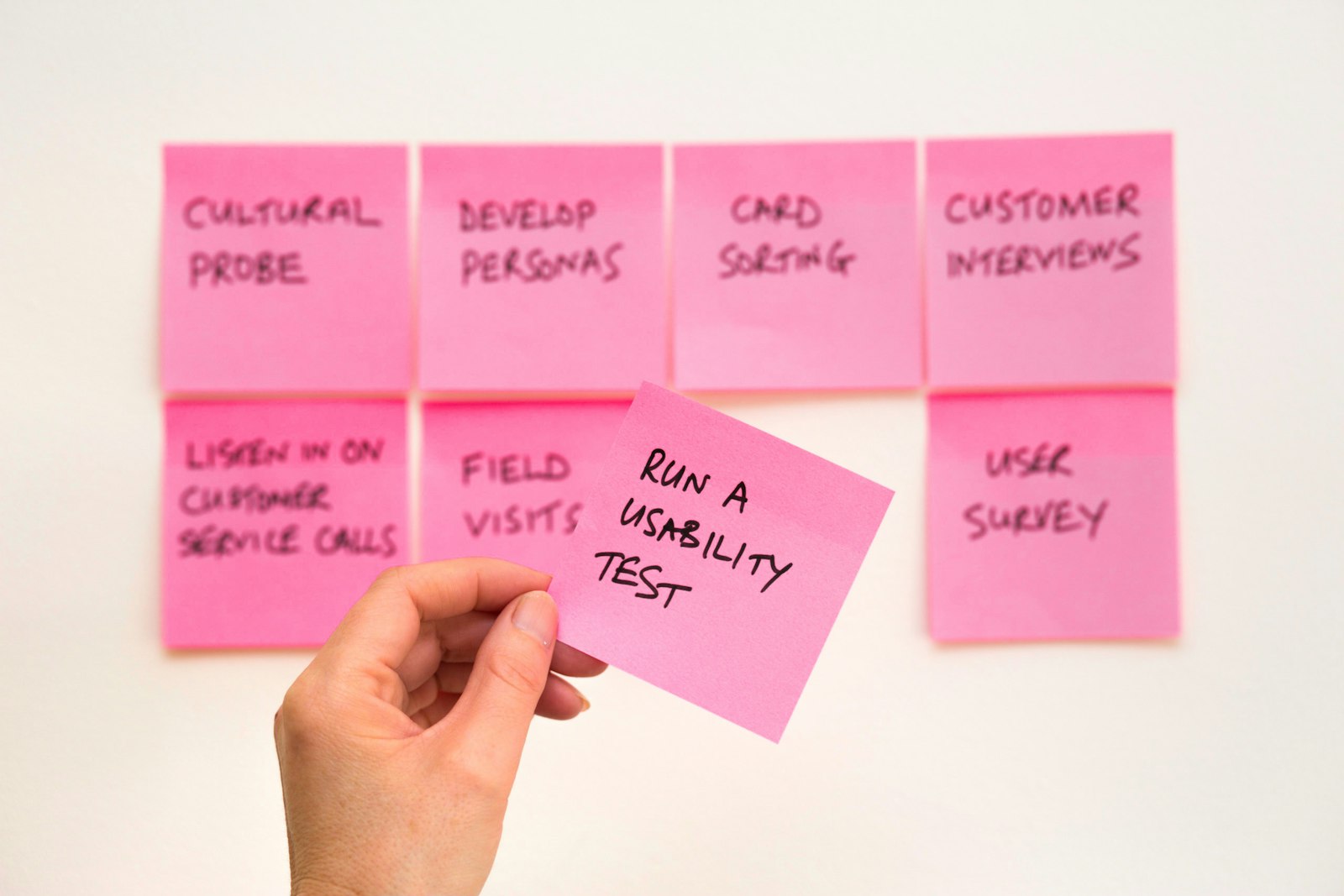 Pink sticky notes listing research methods such as customer interviews, field visits and a usability test
