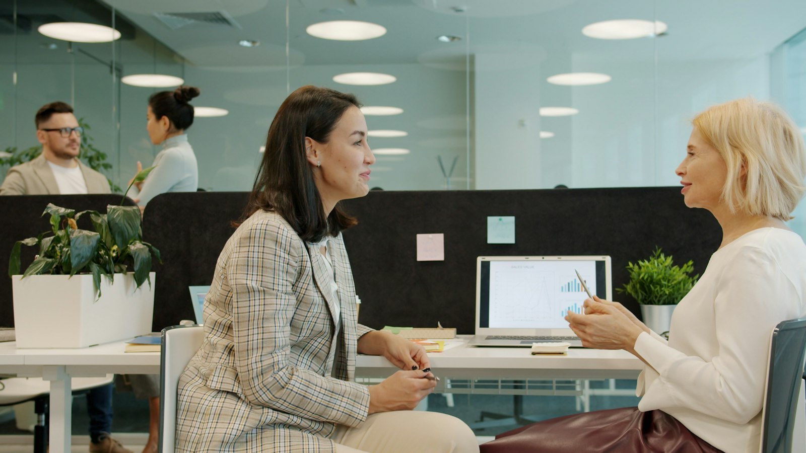 Two women of different ages talking across a desk in a bright office