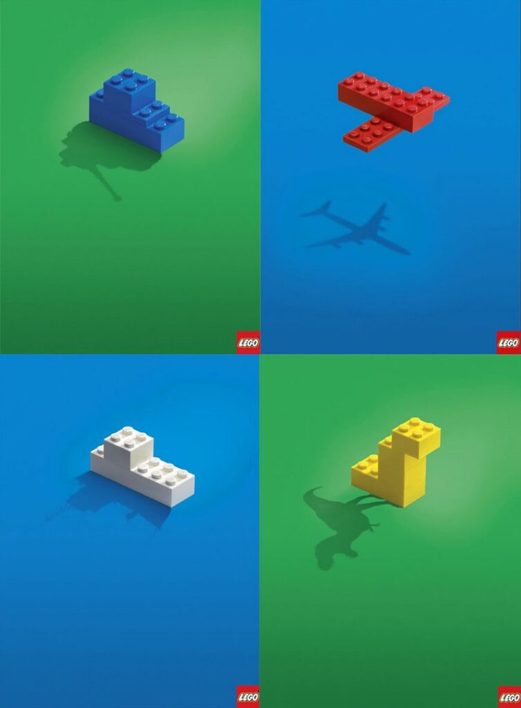 A LEGO print ad of four colored squares, each with a simple LEGO build