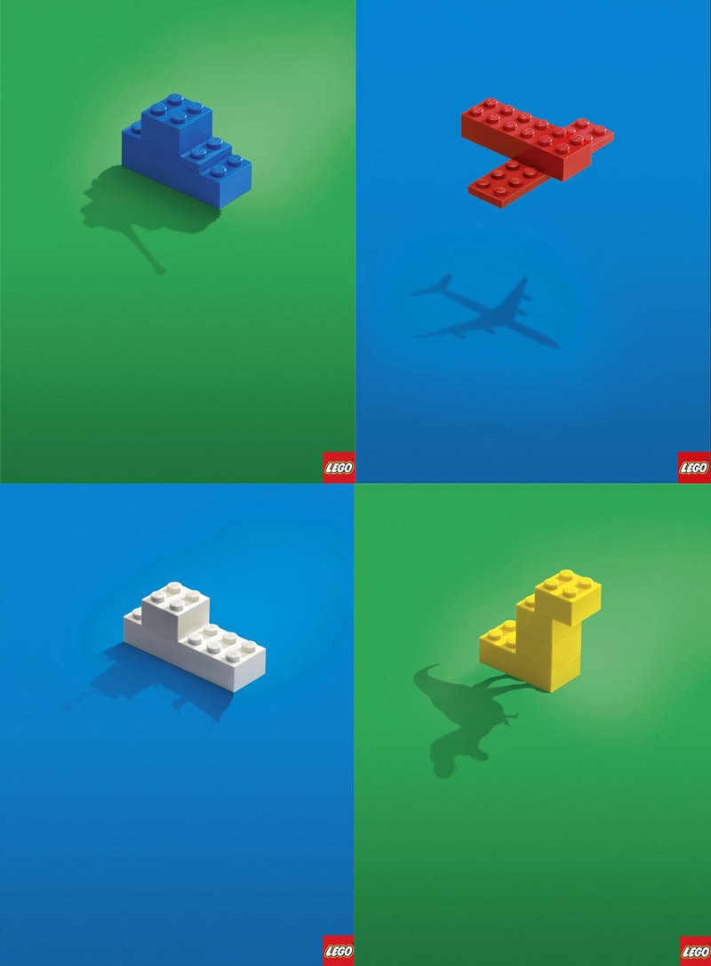 A LEGO print ad of four colored squares, each with a simple LEGO build