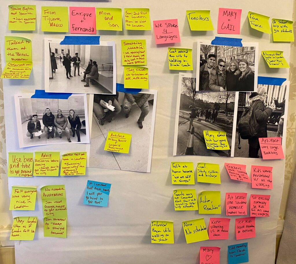 Interview photos grouped with yellow, pink and blue sticky notes into themes