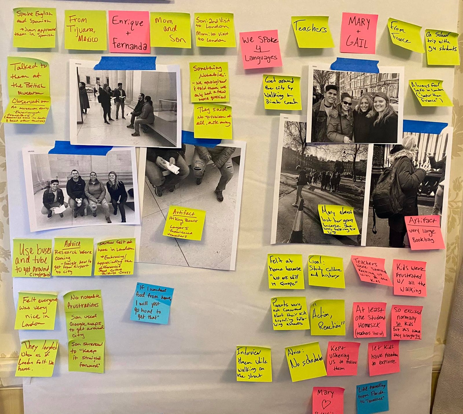 Interview photos grouped with yellow, pink and blue sticky notes into themes
