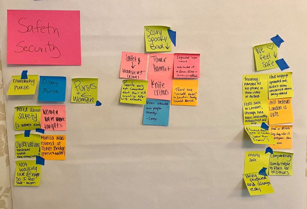 Sticky notes clustered under a Safety and Security heading