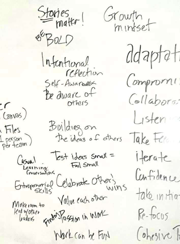 A whiteboard of student takeaways including adaptation, growth mindset, collaboration and listening