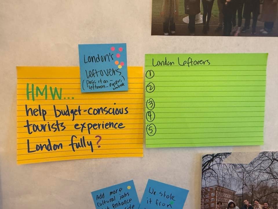 A yellow card reading How might we help budget-conscious tourists experience London fully