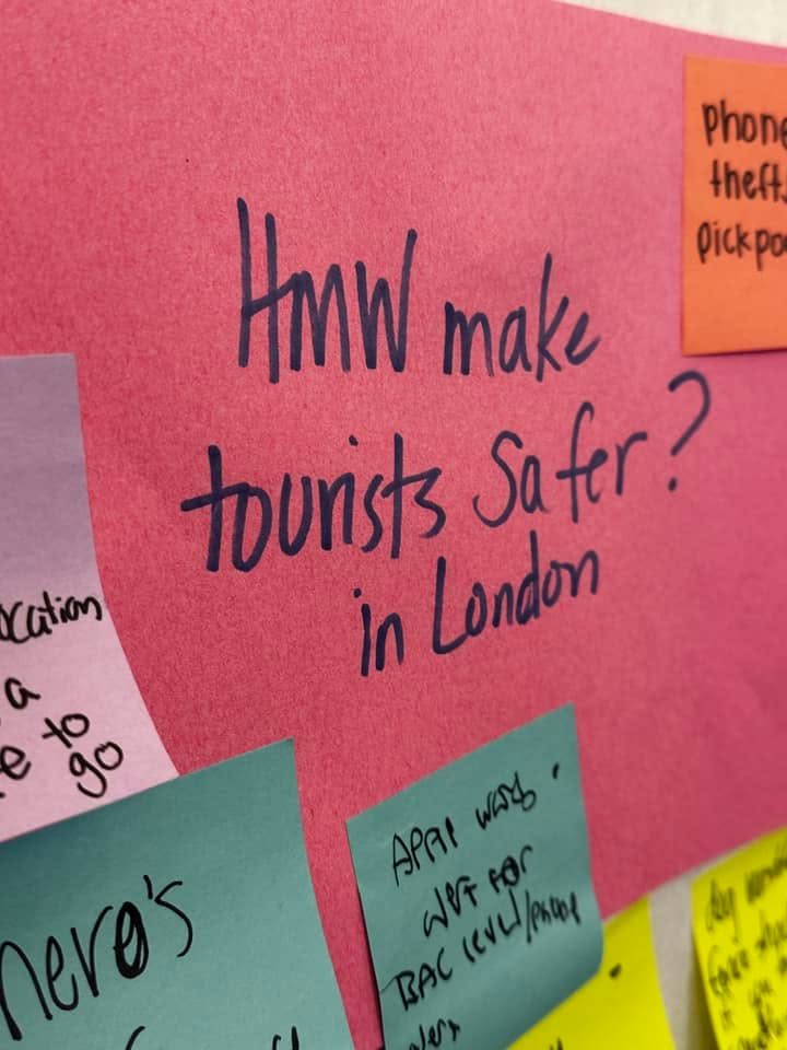 A pink card reading How might we make tourists safer in London