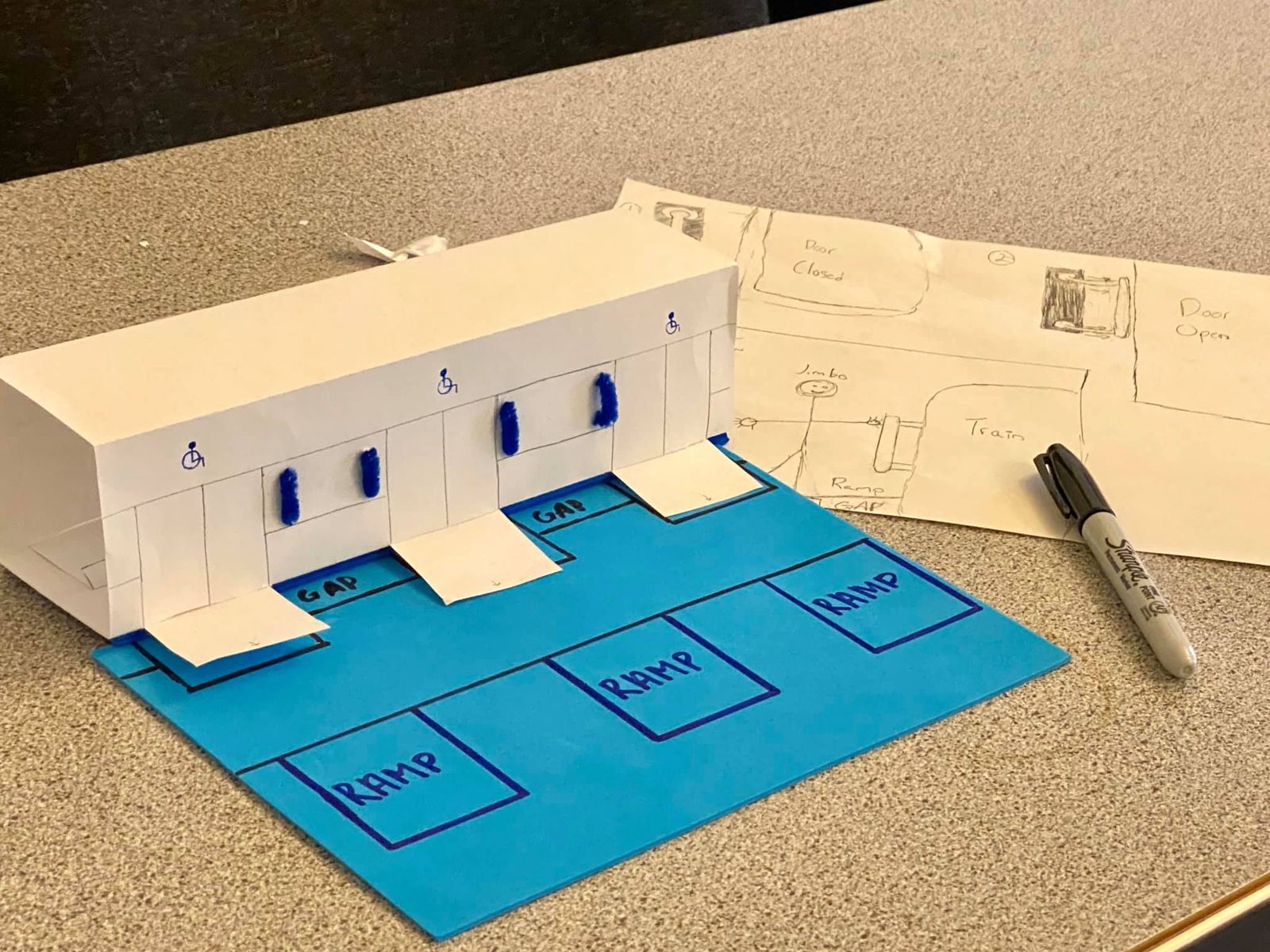 A paper prototype of an accessible building entrance with three ramps