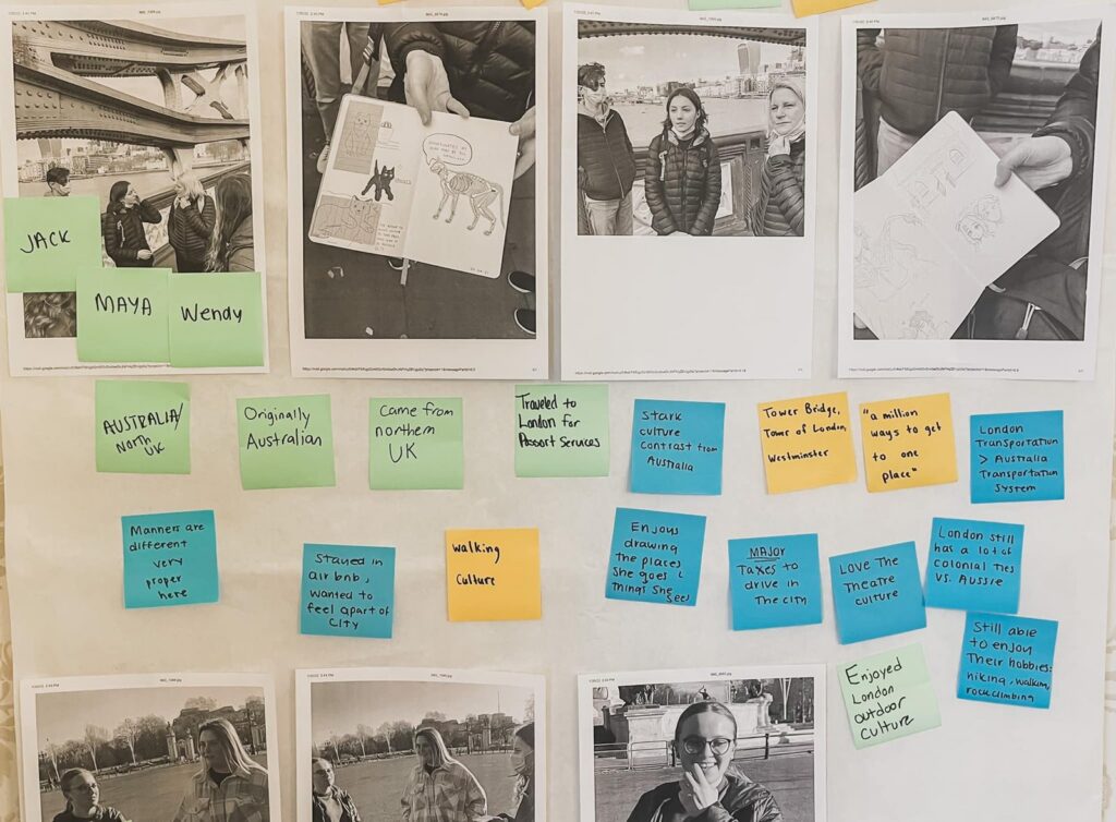 A wall of interview photos with green and blue sticky notes