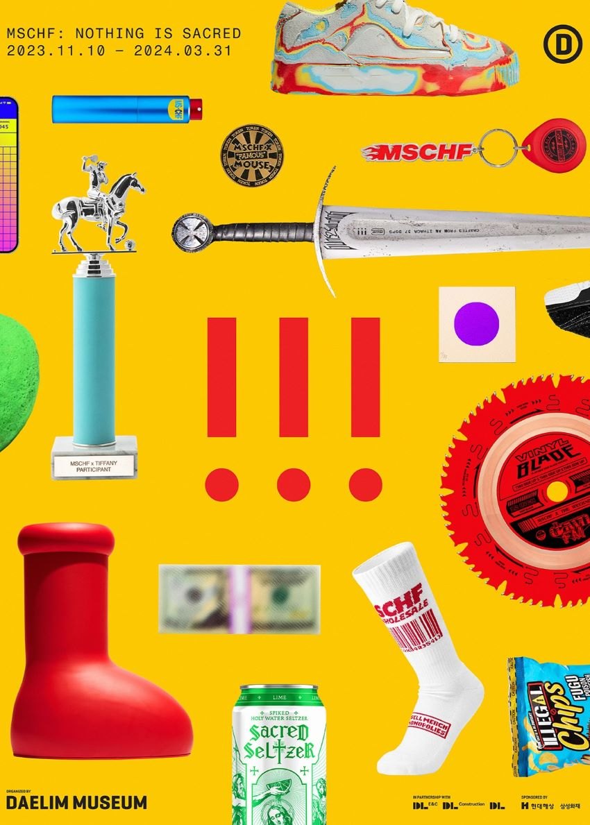 A colorful collage of MSCHF products on a yellow background, including the Big Red Boots