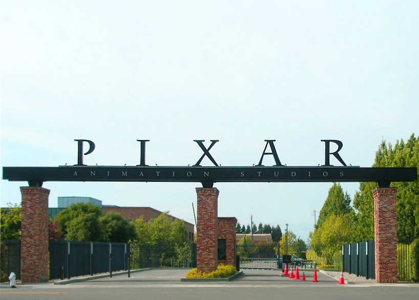 The Pixar sign over the gate at Pixar Animation Studios in Emeryville