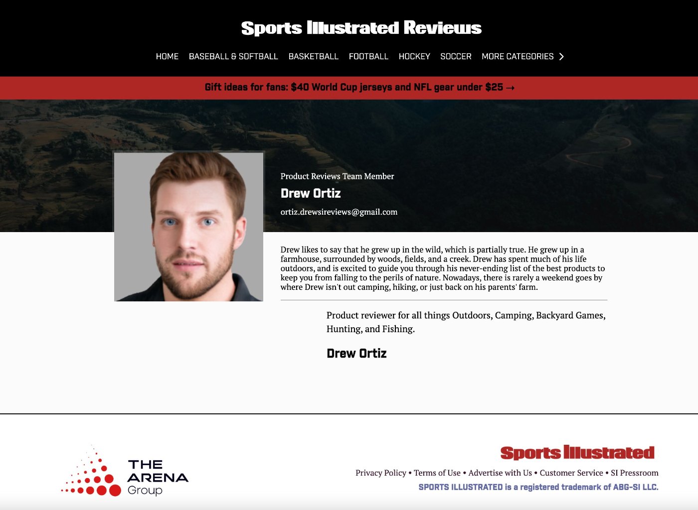 Screenshot of a Sports Illustrated web page showing a writer profile with a headshot