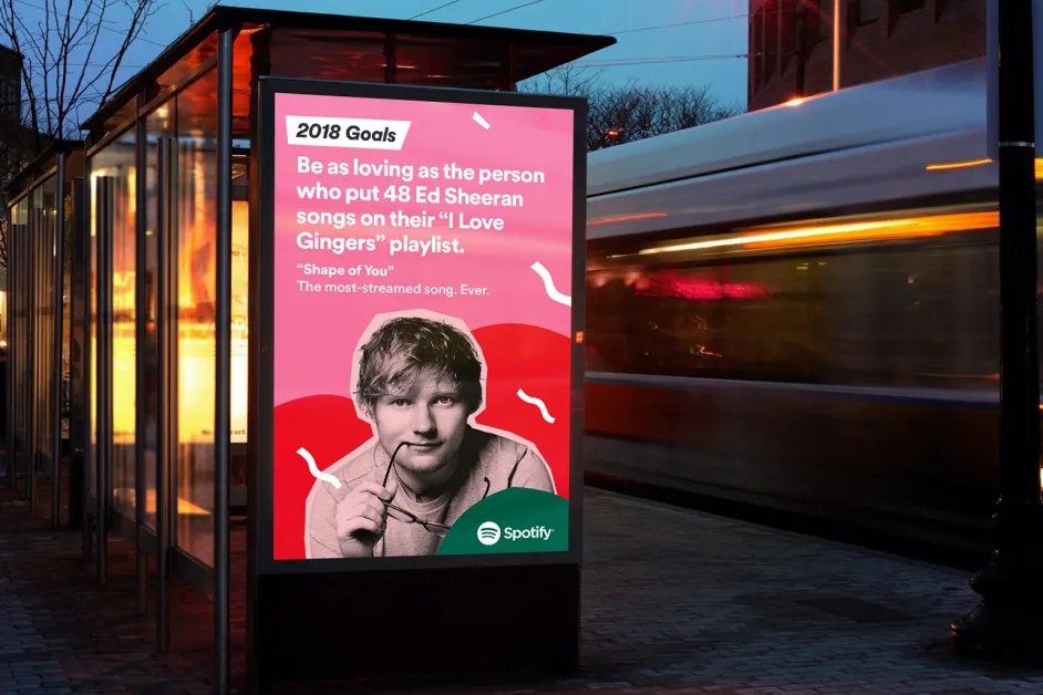 A Spotify bus shelter ad featuring Ed Sheeran