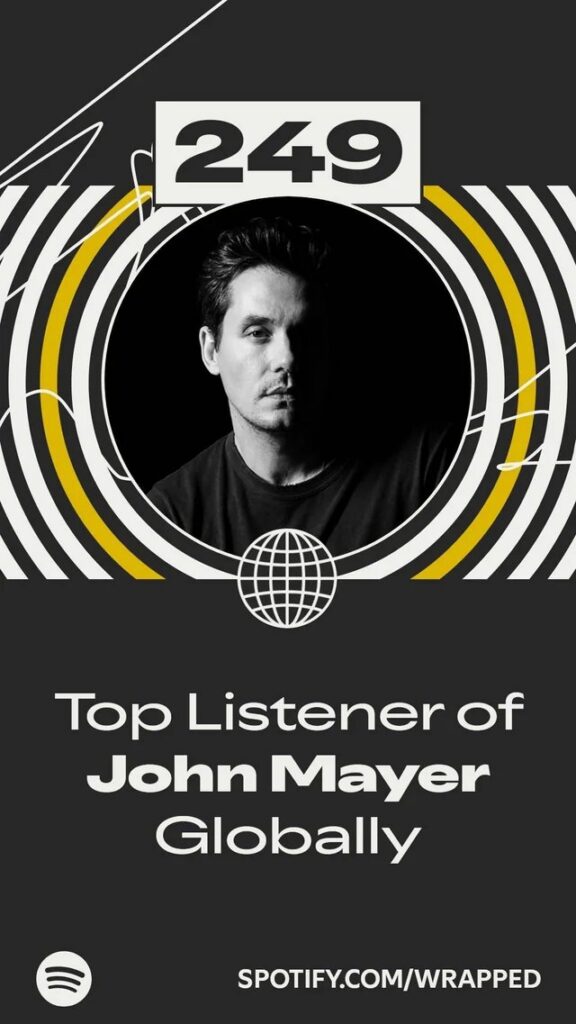 A Spotify Wrapped screen showing a top listener badge for John Mayer