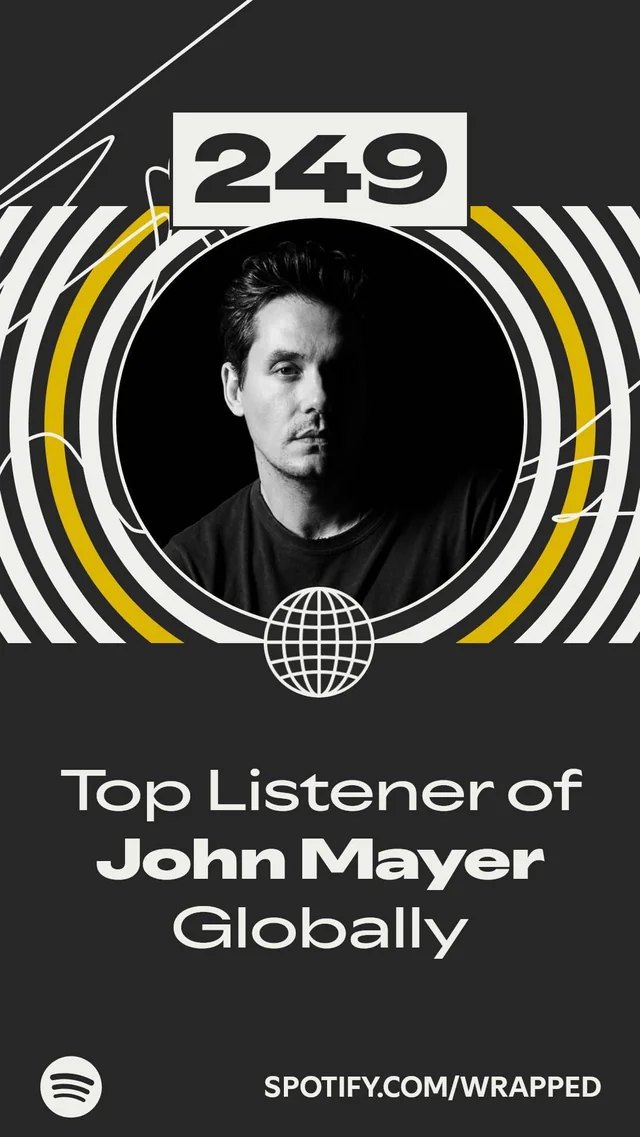 A Spotify Wrapped screen showing a top listener badge for John Mayer