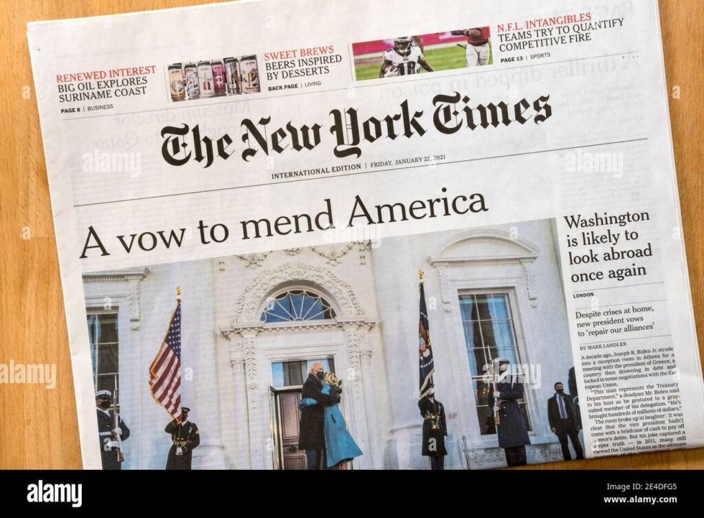 Front page of The New York Times International Edition after the inauguration of Joe Biden, showing its column layout.