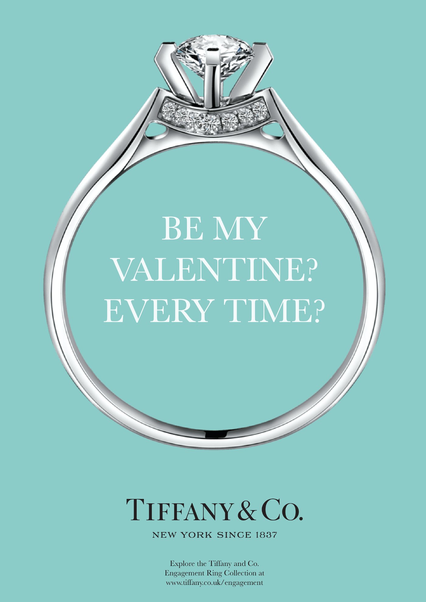 A Tiffany & Co. Valentine's ad showing a diamond ring on a Tiffany Blue background
