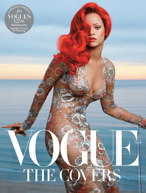 A Vogue cover with the Vogue masthead above a woman with red hair